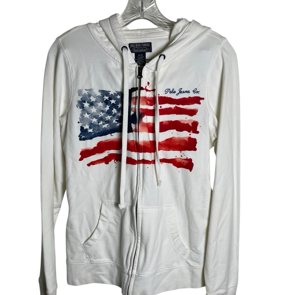Polo by Ralph Lauren White Zip Hoodie with Red & Blue Flag Graphic